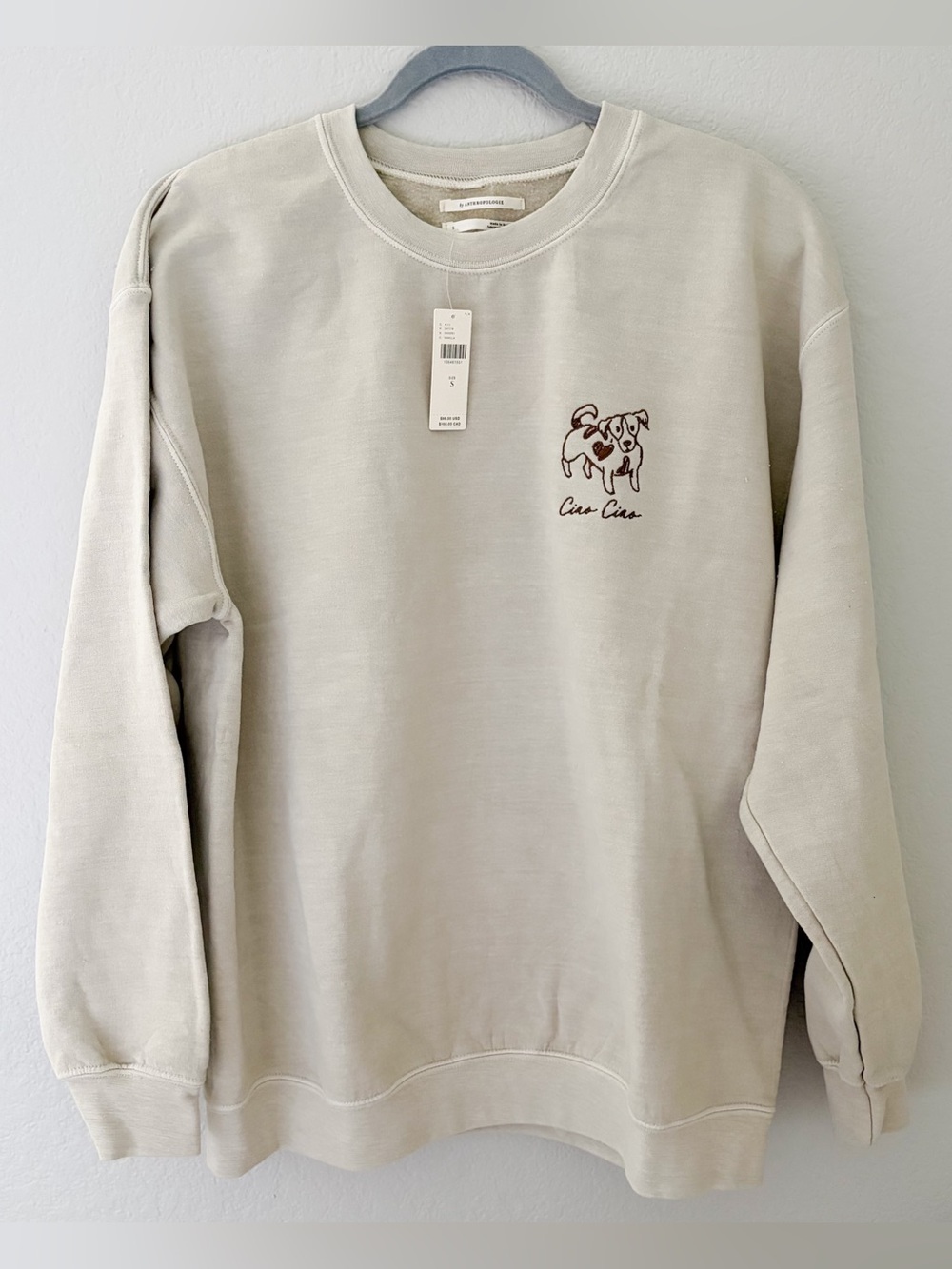 Anthropologie Oversize Ciao Dog Logo Taupe Beige Sweatshirt S